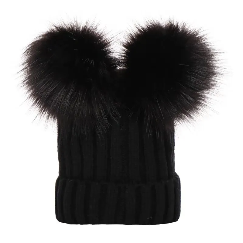 Kids Warm Solid Color Double Pompon Knitting Cap