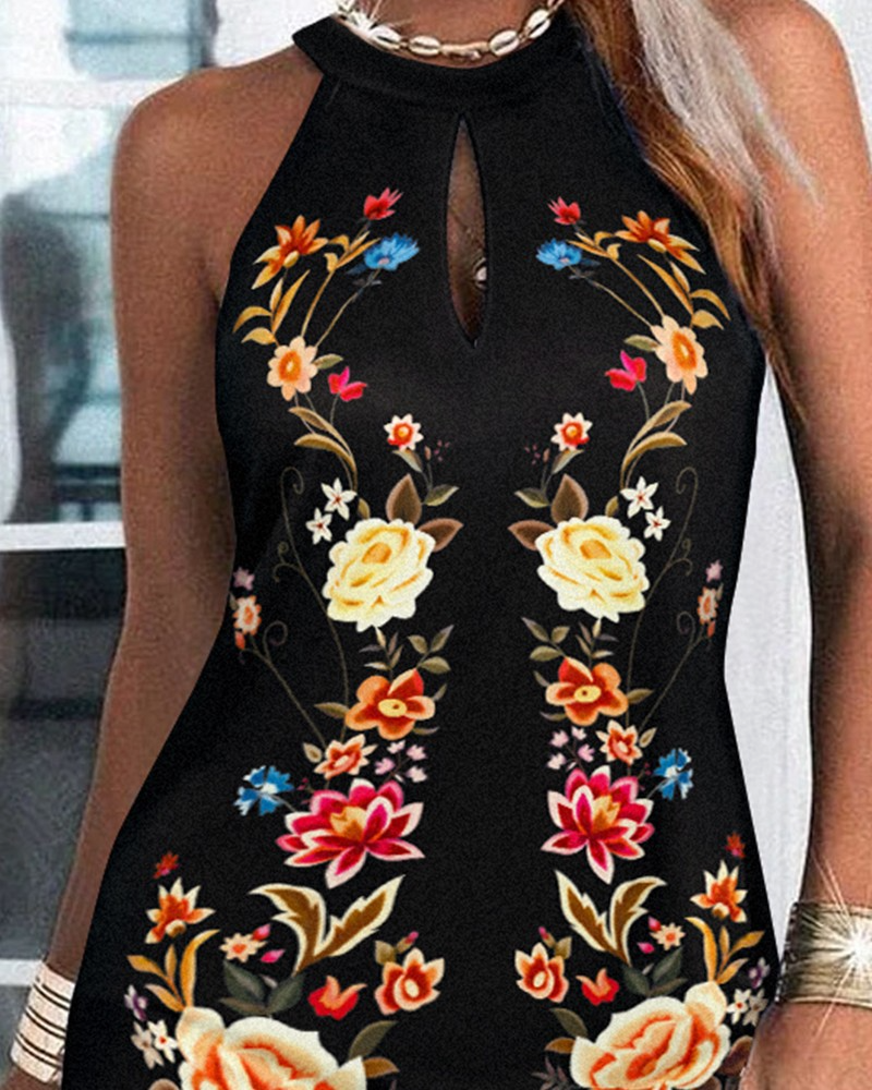 Women Fashion Casual Floral Printed Boho Halter Neck Sleeveless Dress