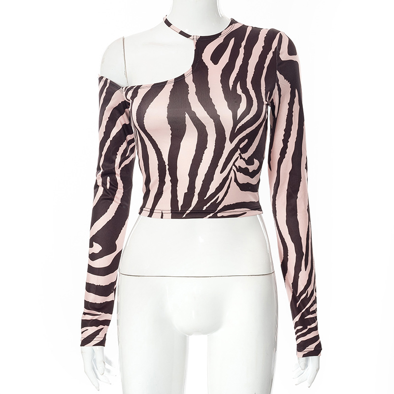 Women Round Neck Pullover Zebra Printed Long-Sleeved Cool-Shoulder Crop Top