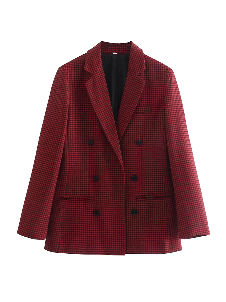 Women Retro Casual Single-Breasted Long Sleeve Plaid Blazer Coat