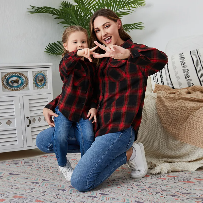 Family Matching Mother And Daughter Plaid Long-Sleeved Lapel Casual Shacket Blouse