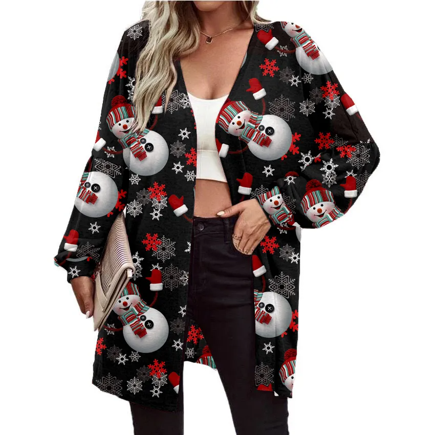 Women Fashion Cartoon Christmas Snowman Snowflake Print Long Sleeve Cardigan Jacket