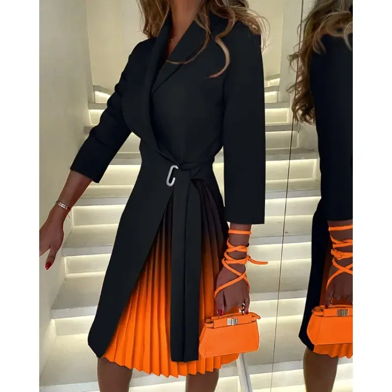 Women Fashion V-Neck Creased Strap Defined Waist Long Sleeve Dress