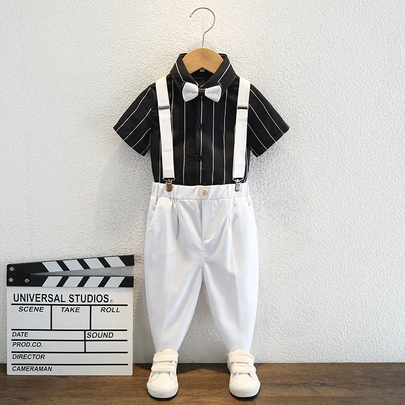 Kids Toddler Big Boys Fashion Casual British Style Bow Stripe Shirt Suspender Trousers Boys Party Clothing Set