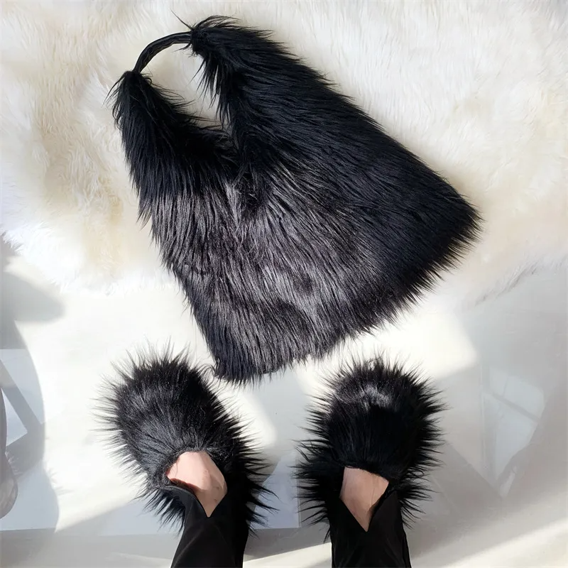 Women Fashion Y2K Plush Slippers Tote Bag Two-Piece Set