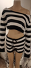 Women Fashion Knitted Stripe Long Sleeve Crop Top Slim Fit Shorts Two-Piece Set