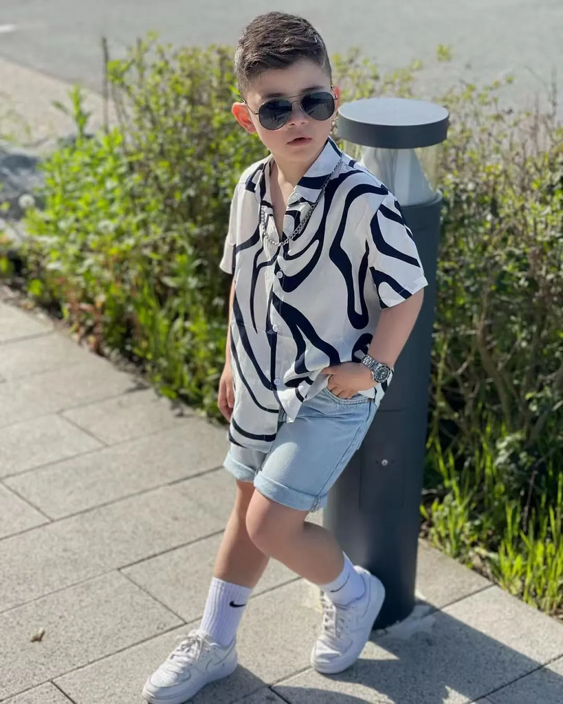 Kids Toddler Big Boys Summer Fashion Casual Hip Hop Color Matching Stripe Lapel Short Sleeve Shirt