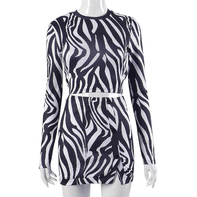 Women Zebra Print Round Neck Long Sleeve Top And High Waist Skirt Stylish Two-Piece Set