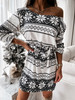 Winter Women Fashion Sexy Christmas Snowflake Elk Star Print Slant Shoulder Long Sleeve Dress