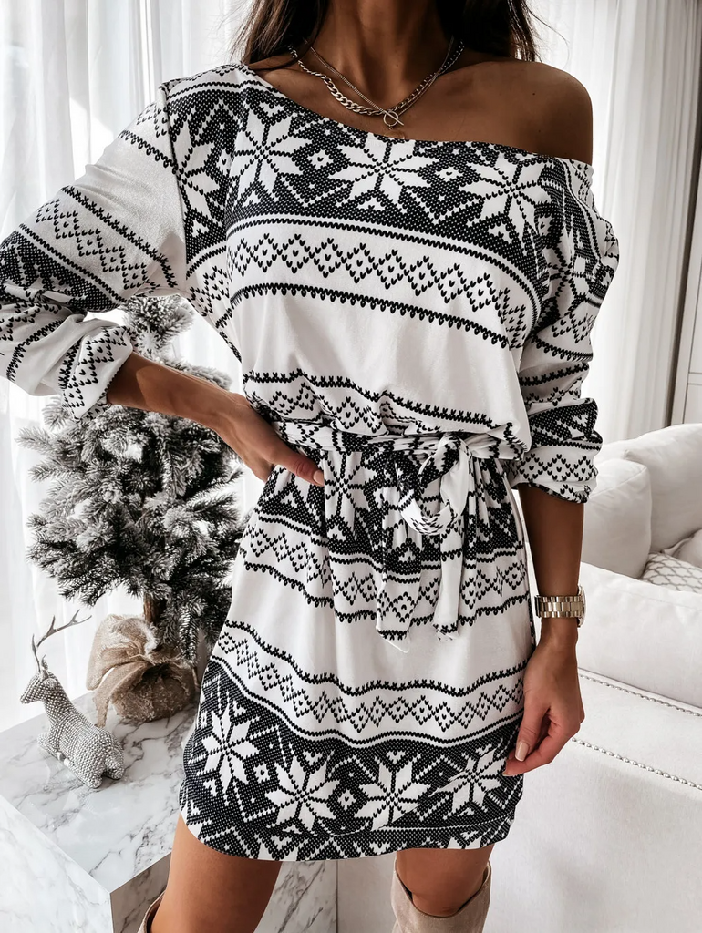 Winter Women Fashion Sexy Christmas Snowflake Elk Star Print Slant Shoulder Long Sleeve Dress