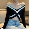 Women Fashion Summer Off-Shoulder Color Blocking Knitted Cropped Sweater