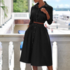 Women Fashion Elegant Stripe Printed Long Sleeve Lapel Blouse Anf Midi Skirt Set