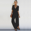 Women Solid Color Short Sleeve V Neck Loose Casual Wide Leg Jumpsuit