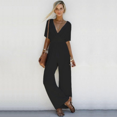 Women Solid Color Short Sleeve V Neck Loose Casual Wide Leg Jumpsuit