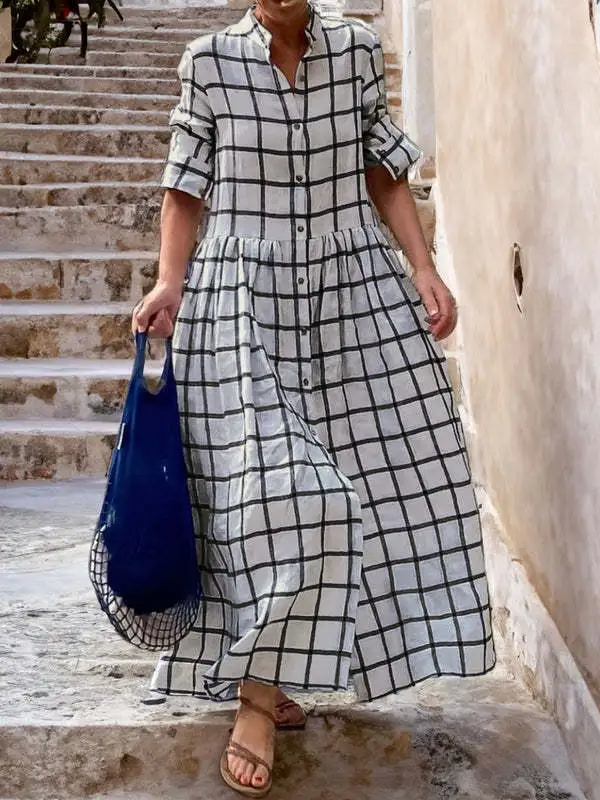 Women Fashion Casual Loose Lapel Plaid Maxi Swing Dress