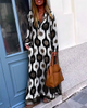 Ramadan /Eid Women Casual Boho Style Geometry Print Long Sleeve V Neck Loose Maxi Dress