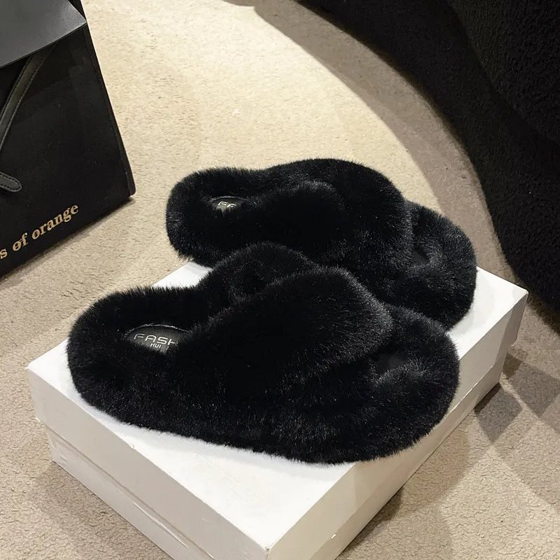 Autumn Winter Women Fashion Plus Size Cross Plush Warm Home Slippers