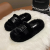 Autumn Winter Women Fashion Solid Color Plush Belt Buckle Round Toe Flat Home Slippers