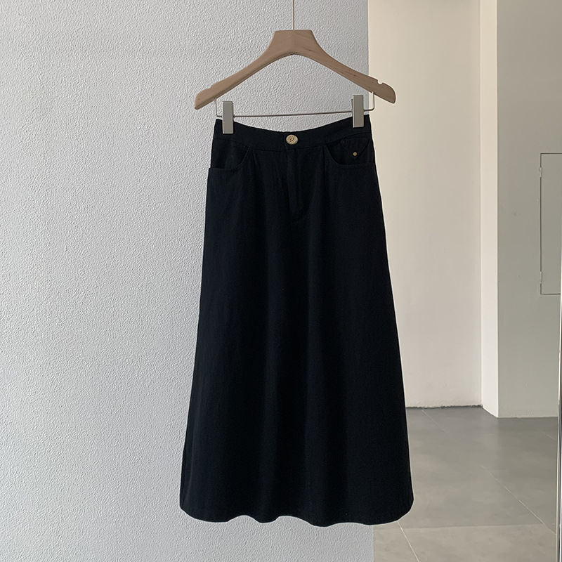 Women Summer Washed Coconut Buckle Basic Solid Color Semi-Elastic High Waist A-Line Skirt