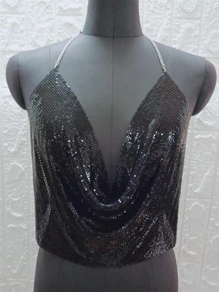 Women'S Sexy Backless Metallic Sequins Tethered Camisole Top