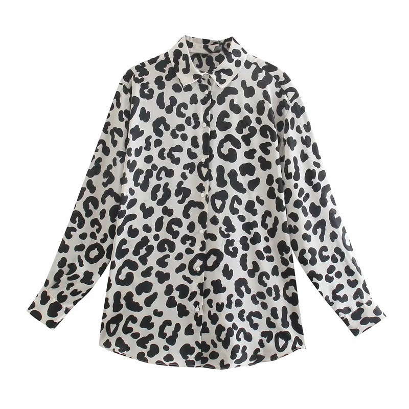 Elegant Fashion Women Satin Casual Leopard Blouse Long Sleeve Office Shirt