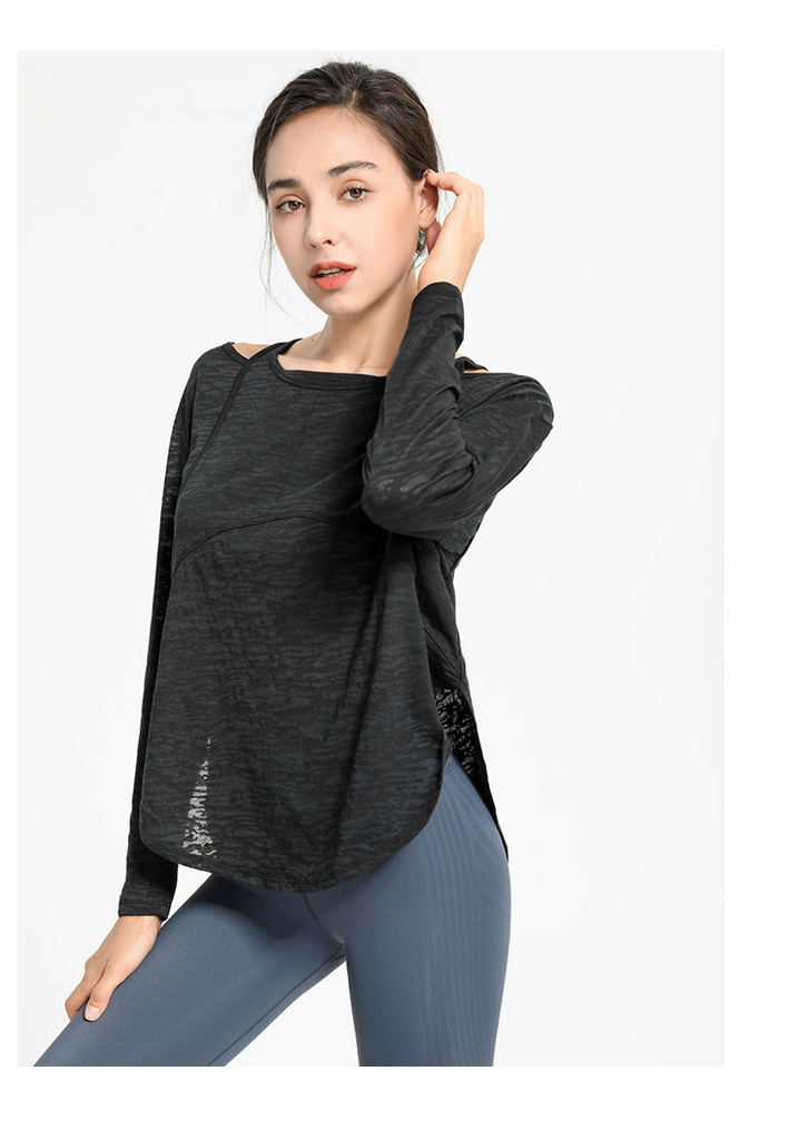 Women Casual Loose Solid Color Round Neck Long Sleeve Sports Top