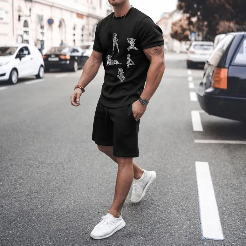 Men Casual Printed Round Neck Short-Sleeved T-Shirt And Shorts Two-Piece Set