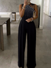 Women Sexy Elegant Cut Out Casual Sleeveless Rhinestone Wide Leg Jumpsuits