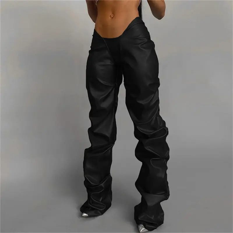 Women Fashion Solid Color Creased PU Leather Trousers