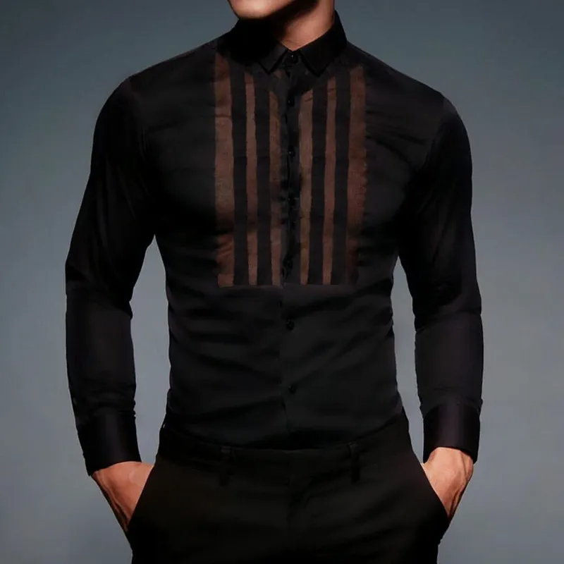 Men'S Casual Solid Color Sexy See-Through Stripe Stitching Long-Sleeved Shirt