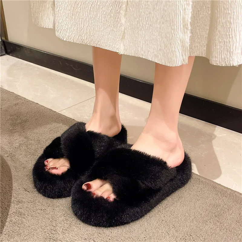 Autumn Winter Women Fashion Solid Color Cross Plush Round Toe Warm Home Slippers