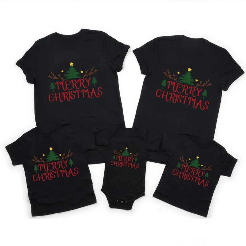 Fashion Simple Letter Christmas Tree Print Round Neck Short Sleeve Parent-Child T-Shirt