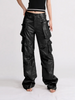 Women Fashion Edgy Solid Color Multi-Pocket PU Leather Cargo Pants