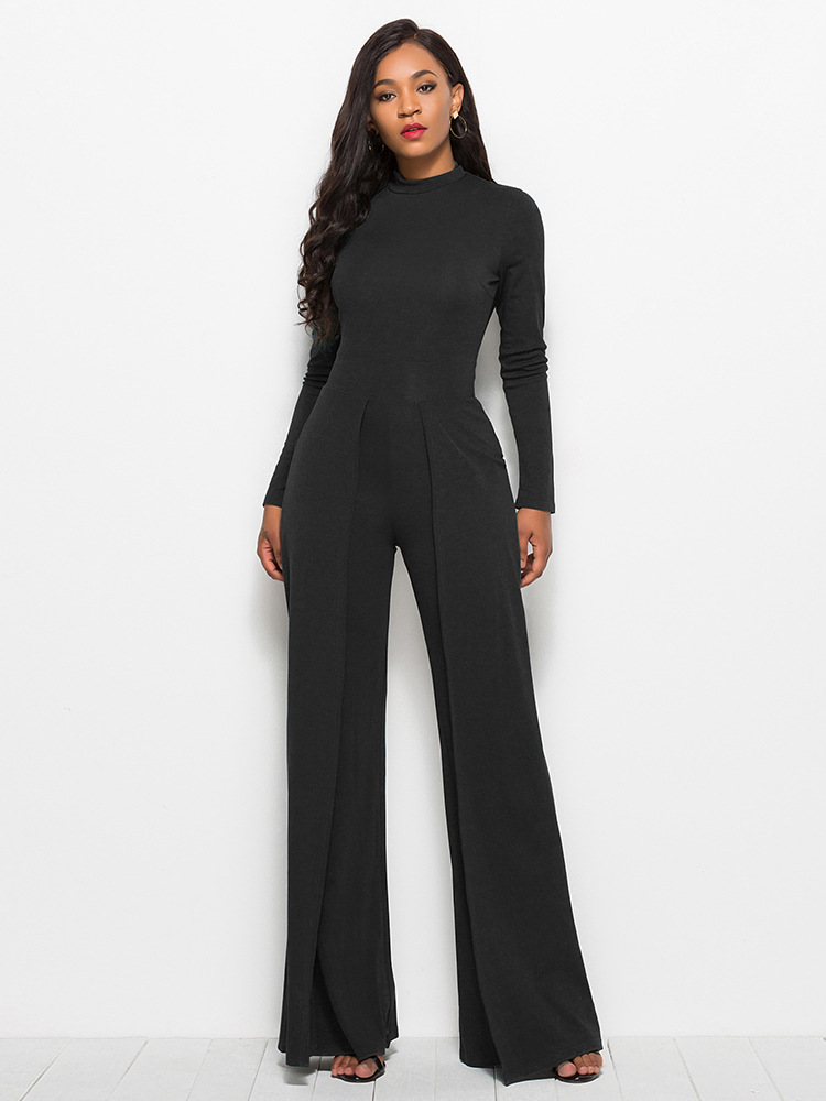 Women Solid Color Round Neck Long Sleeve Waist Slim Fashion Wide Leg Jumpsuit