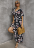 Women Fashion Casual Floral Printing V-Neck Short Sleeve Slit Dress