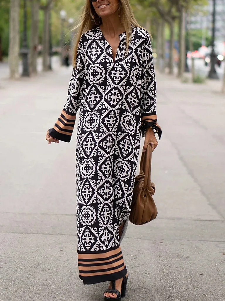 Ramadan /Eid Women Casual Boho Style Geometry Stripe Print Long Sleeve V Neck Loose Maxi Dress