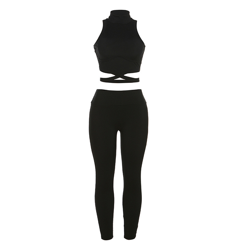 Women Fashion Sleeveless Crop Top And Skinny Pants Solid Sports Set SKU: T10383B982 Min.Order: 1