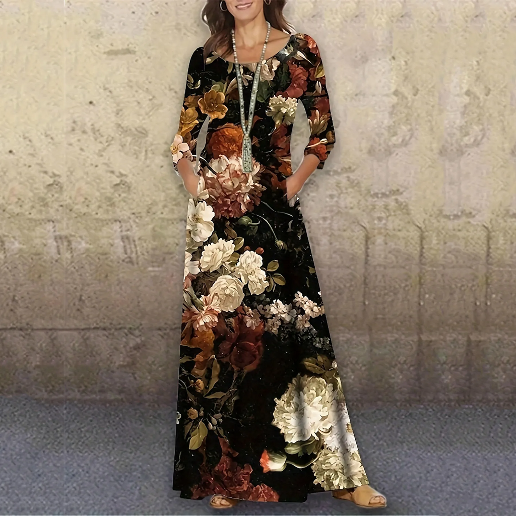 Women Fashion Casual Floral Printing Long Sleeve Maxi Dress