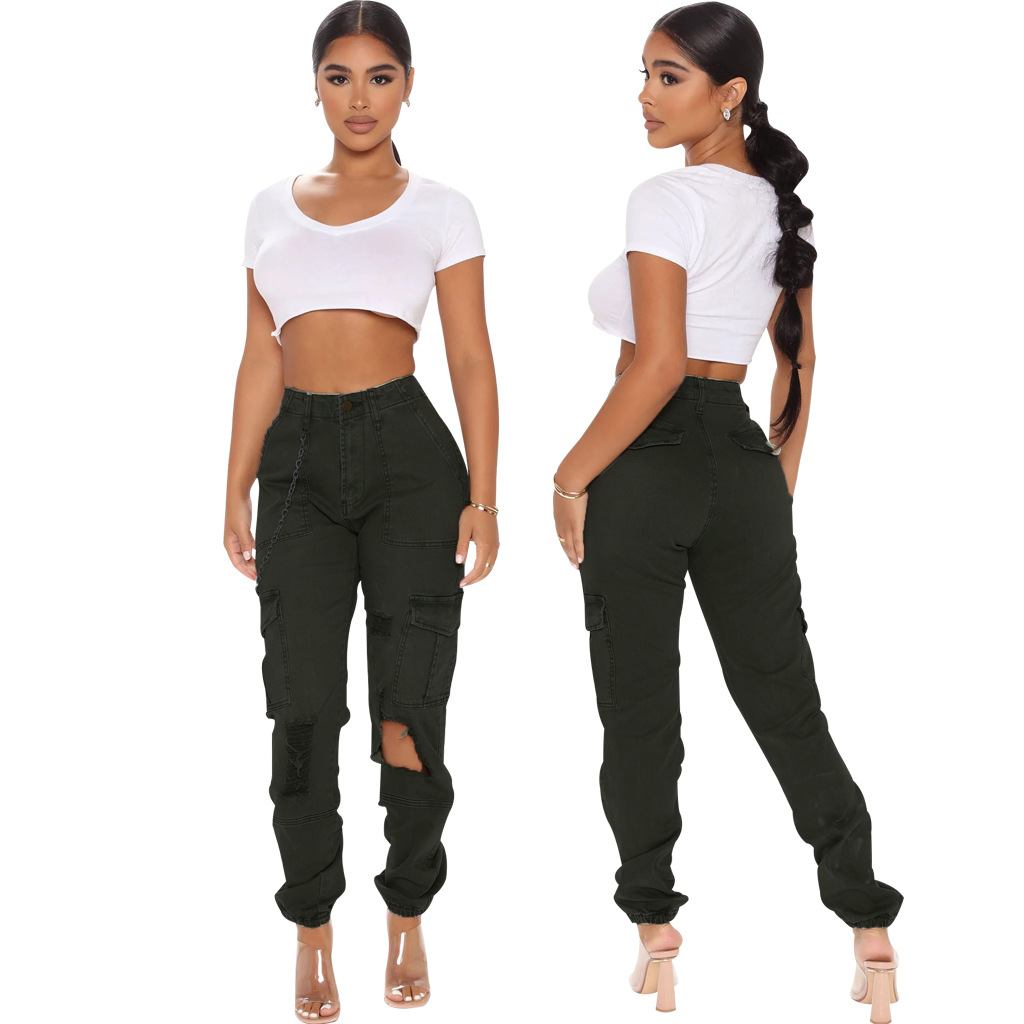 Women Summer Fashion Camouflage Printed Casual High Waist Ripped Pants