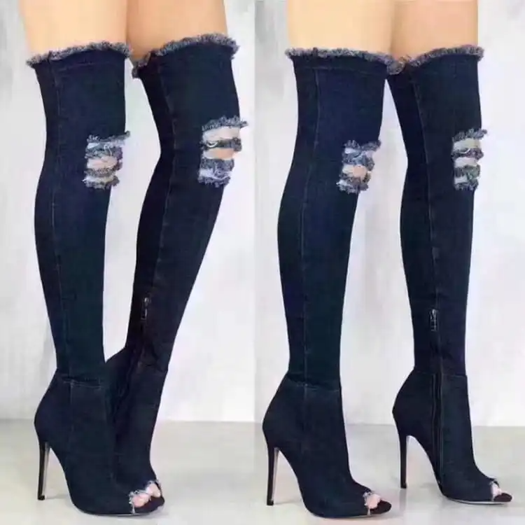 Women Solid Color Denim Open Toe Over The Knee Boots