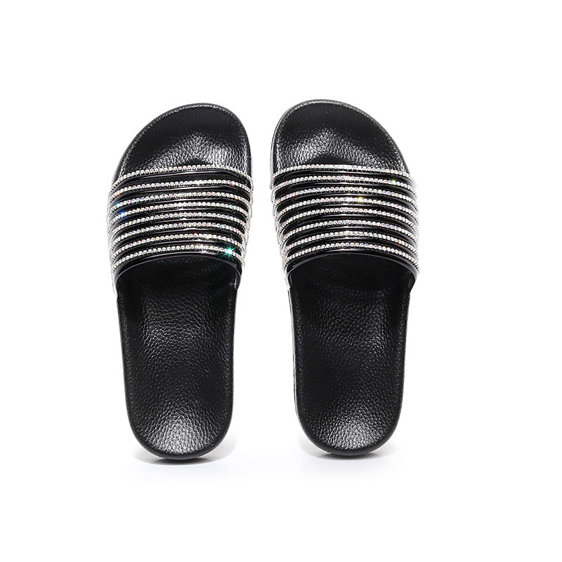 Women Leisure Rhinestone Decor Striped Flats Slippers Shoes