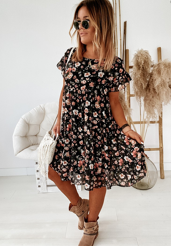 Women Fashion Casual Tiny Flower Printing Puff Sleeve Round Neck Dress