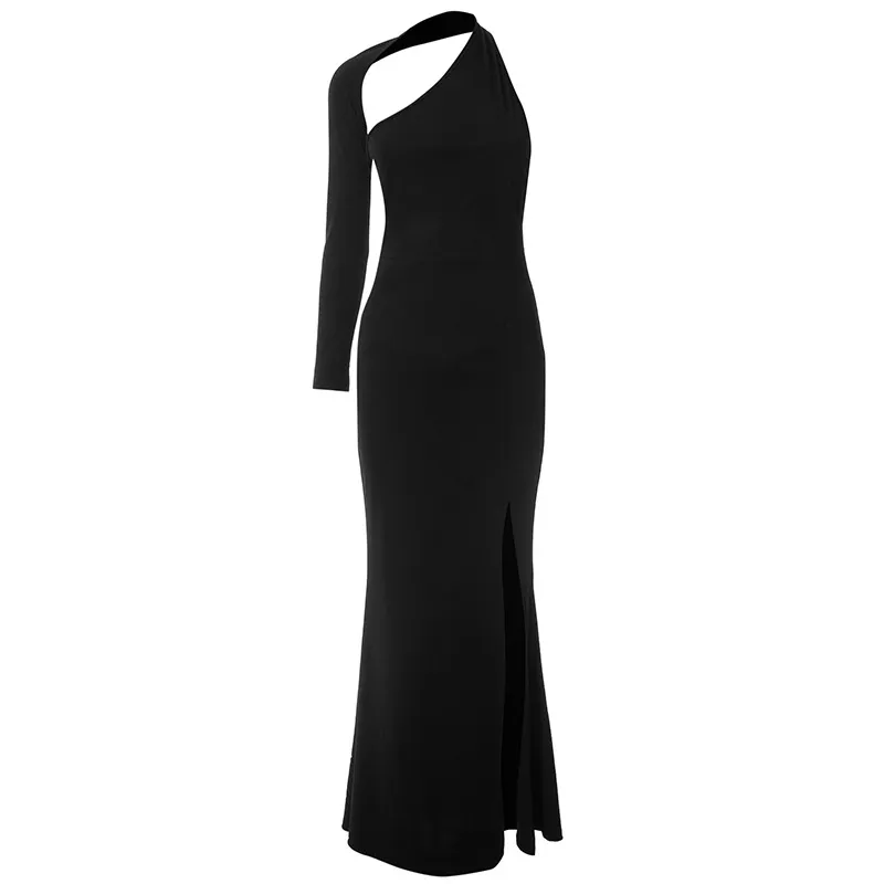 Women Sexy Solid Shoulder Split Bodycon Maxi Dress