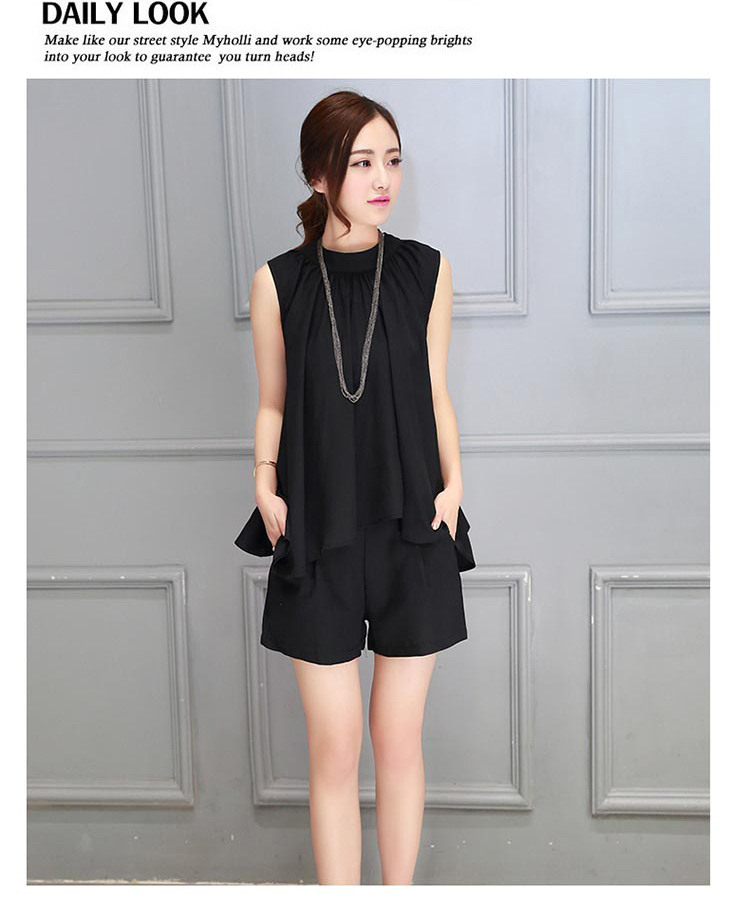 Women Casaul Summer Chiffon Solid Color Sleeve Blouse And Shorts Set