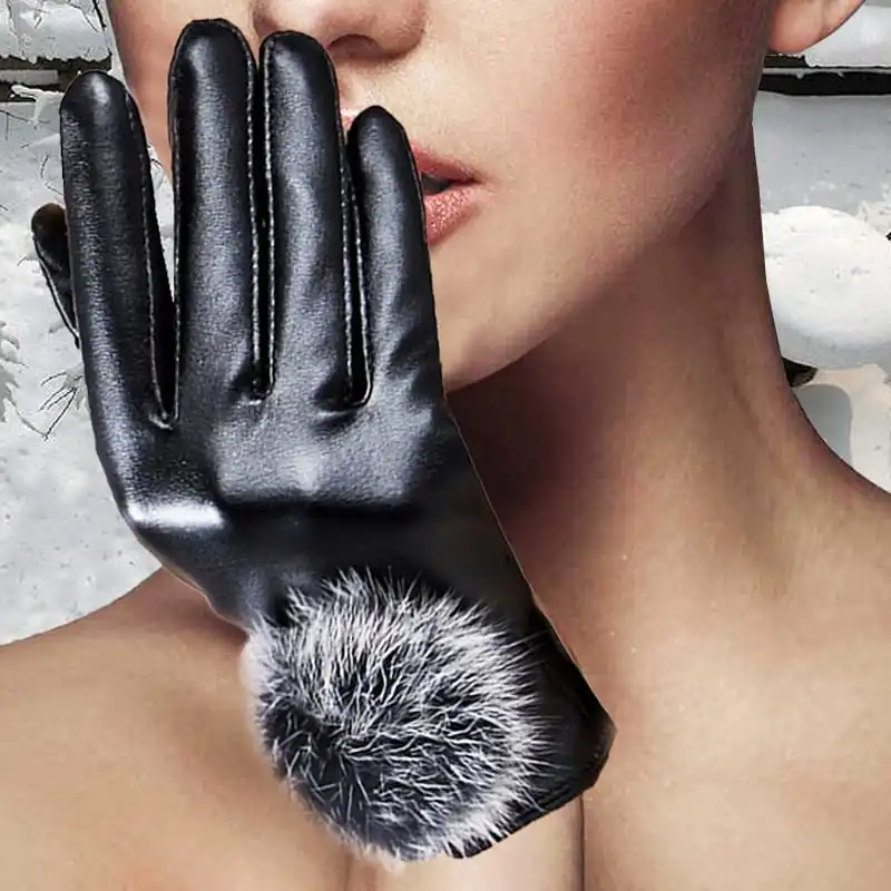 (Buy 1 Get 1) Women Fashion Pompom Design PU Gloves