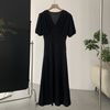 Fashion Elegant Women V-Neck Solid Color Bubble Short-Sleeved Mid-Length Defined Waist Dress