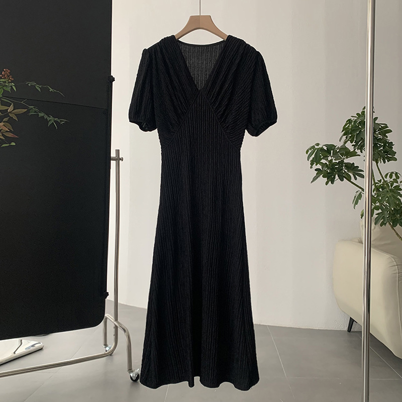Fashion Elegant Women V-Neck Solid Color Bubble Short-Sleeved Mid-Length Defined Waist Dress