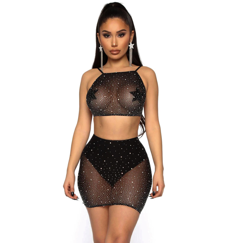 Women'S Fashion Mesh See-Through Diamond Backless Camisole Underwear Set ( 2 PCS )