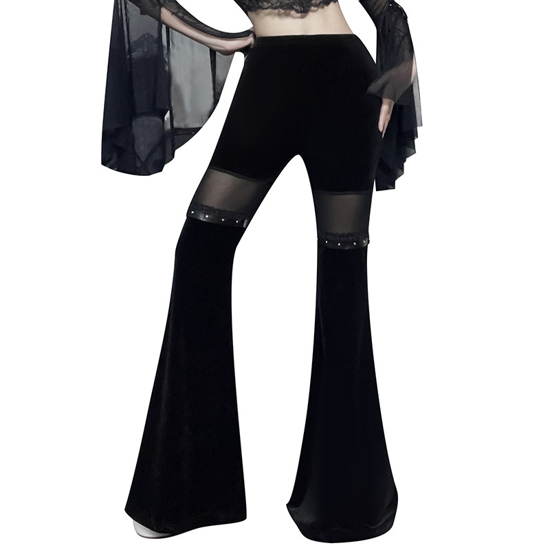 Women Gothic Mesh-Paneled High-Waisted Flared Pants