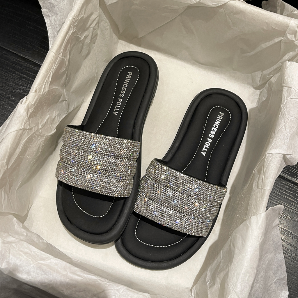 Women Fashion Casual Rhinestone Round Toe Flat Slippers